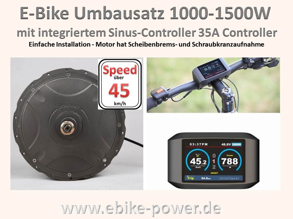 Enduro E-Bike Umbausatz 1500W + integrierter 35A Controller + Farbdisplay,  Gasgriff , PAS-Sensor / (Option 1:) mit Daumengas / (Option 2:) mit  Universalbremskontakten (+20€) - ebike-power