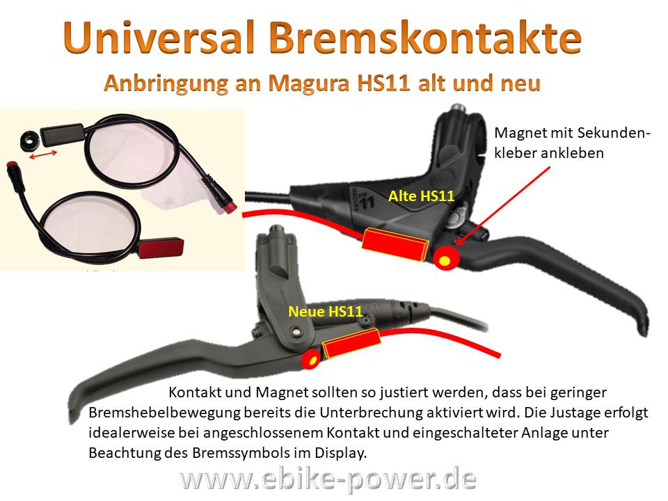 Universal Bremskontakte / Bremssensoren zum Aufkleben inkl. Magnet mit Higo  Stecker (u.a. für Magura / (Variante) 1 Stück (mit rotem Stecker)