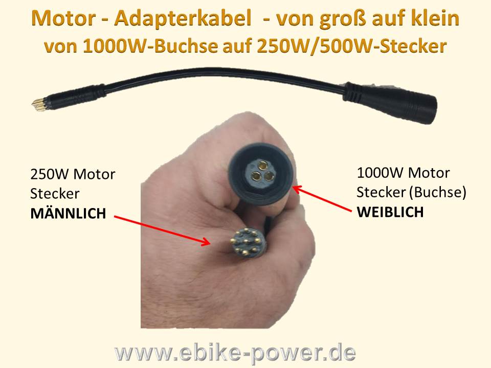 Motor Adapterkabel von groß auf klein / Motorkabel / Controllerkabel / u.a.  auch für Bafang E-Bike / (Variante) 1000W-Stecker (männlich) auf 250W-Buchse  (weiblich) - (jeweils 9polig) für 1000W Controller (groß) - ebike-power